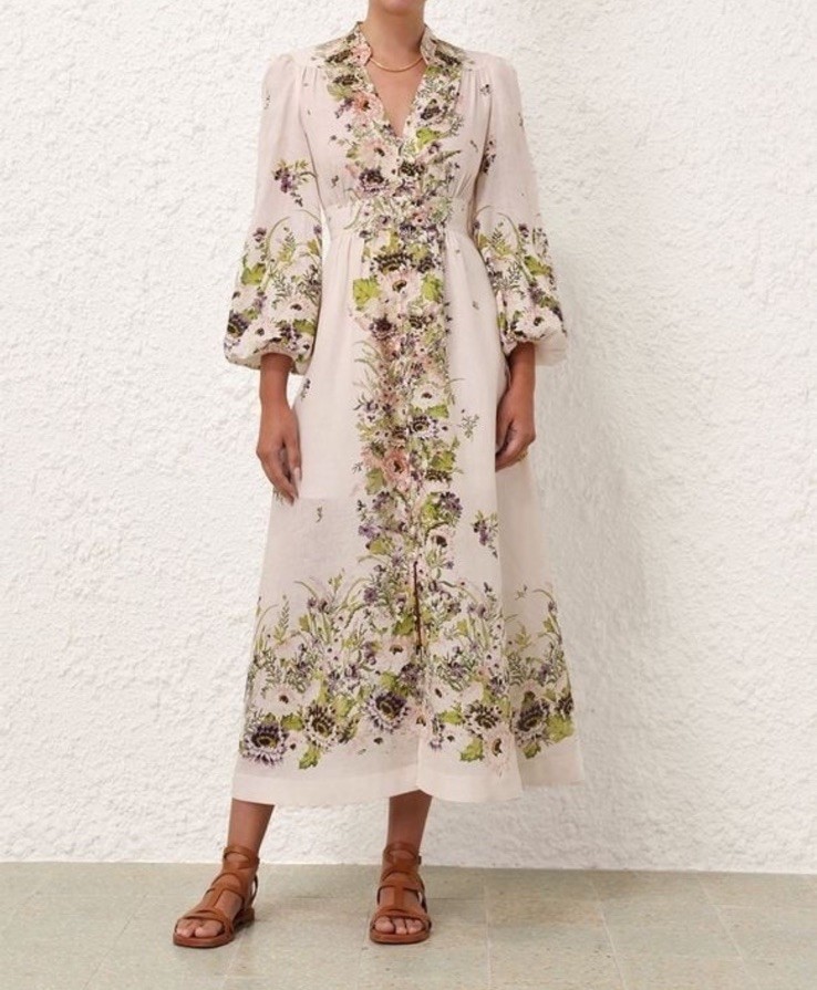 NWOT $1,150 Zimmermann Halliday Plunge Cream Floral Ivory Linen Midi Dress AU3 L