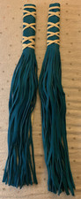 Native American Handmade Teal  White Leather Fringe Hair Wraps - 13"