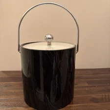 Kraftware New York Faux Marble Ice Bucket Black Chrome Lid MCM Barware Bar