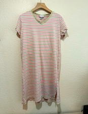 Oscar de la Renta Pink/Cream Striped Knit V-Neck SS Knee Dress Slit L