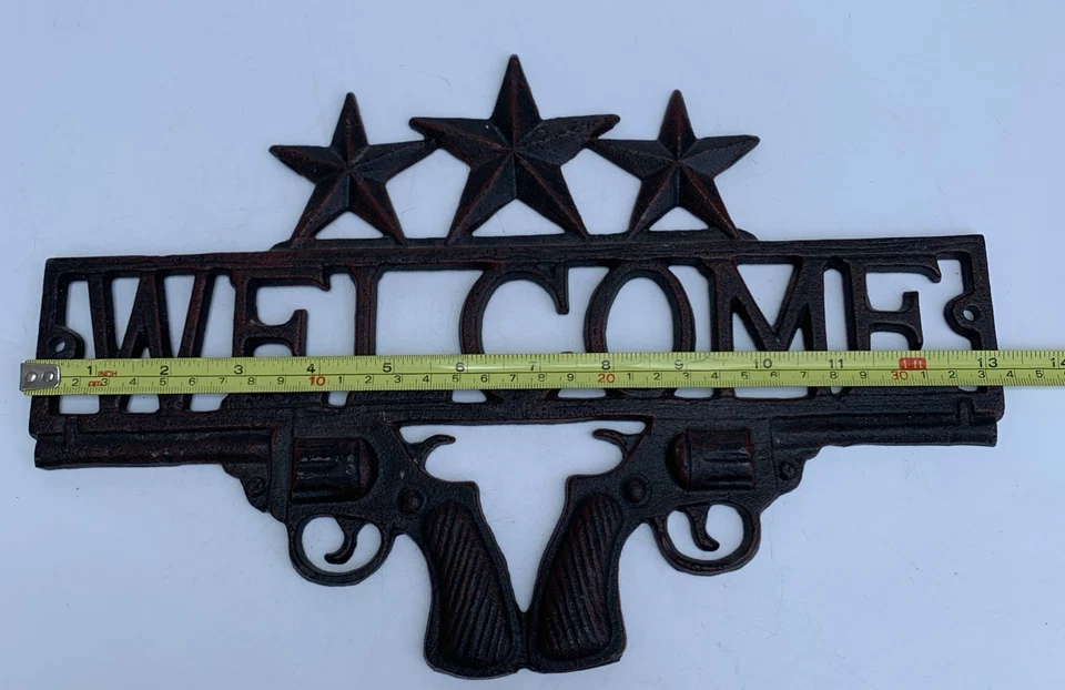 Letrero de placa de hierro fundido PISTOLA BIENVENIDA rancho rústico estilo occidental hombre cueva vaquero Foto 3 de 4