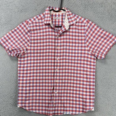 Tommy Bahama Linen Blend Mens Shirt Adult Large Red Blue Plaid Button Up Pocket