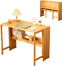 40.6" Foldable Desk with Bookshelf Bamboo Wood Workstation For Office/Home New