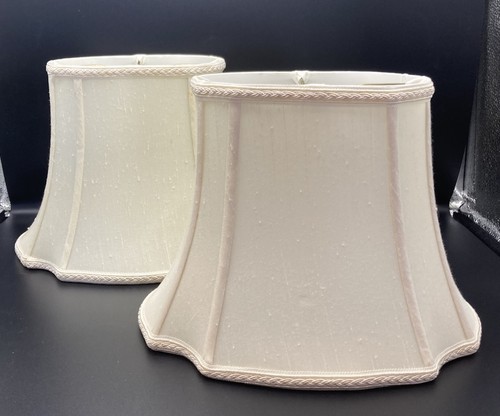 Vintage~ PAIR Square Cut Corner Bell Pleated SILK Lamp Light Shades Brass Cream