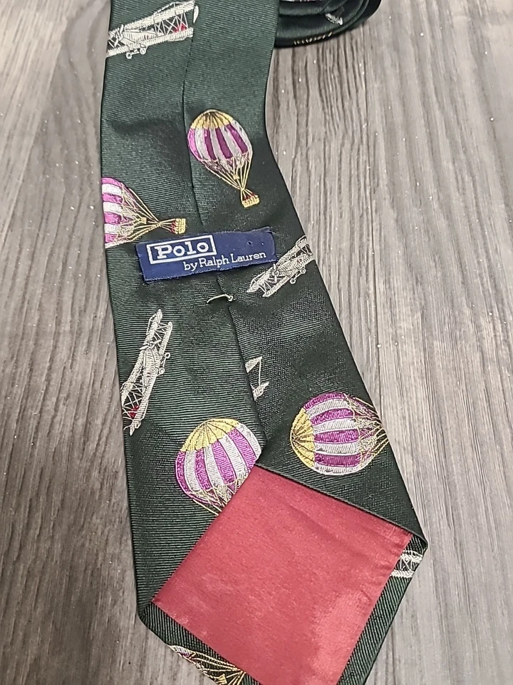 Corbata de seda Polo Ralph Lauren vintage hecha a mano en EE. UU. años 90 tema de aviación rara Foto 2 de 4