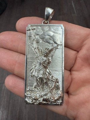 Saint Michael Rectangular Pendant 2.5 inch Large Solid Sterling Silver 925
