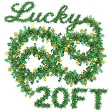   20/40/60/80 FT  St Patricks Day Garland Decor Gold Green Shamrock Hat Tinsel