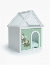Transparent Roof Wooden Pet House - Floral Carvings, FSC Cedar, Indoor Shelter f
