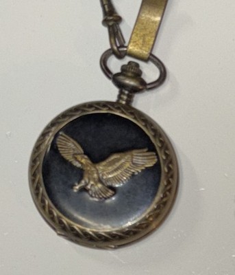 Benrus Pocket Watch Eagle 45mm Date Gold Tone Chain New Battery Working Vintage