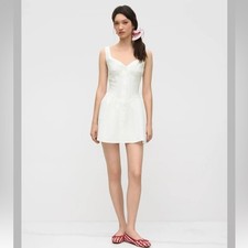 Cider LINEN-BLEND SWEETHEART NECKLINE BUTTON RUFFLE MINI DRESS M CC24-8