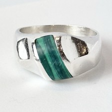 Solid 925 Sterling Green Malachite inlay Ring Sz 12/ 14.6 Grams/ Made in Mexico