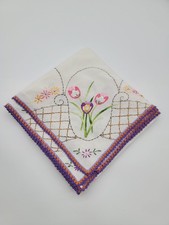 Vtg Embroidered Cotton Tablecloth With Lace Edge 40x40 In Square Tulip Flowers