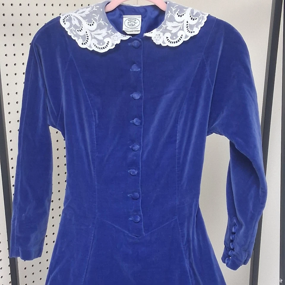 Vintage 1970s Laura Ashley Blue Velvet Lace Collar Dress Victorian Retro Rare 10 - Image 2 of 4