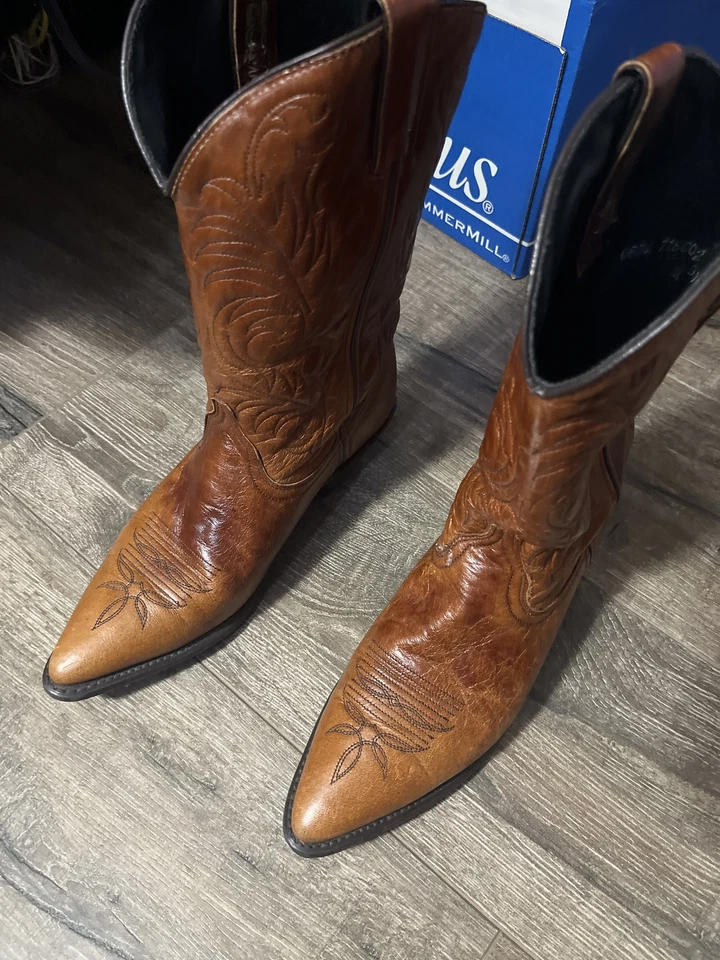 Botas masculinas vintage ACME couro marrom cowboy faroeste 9M - Imagem 2 de 4