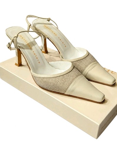 TREND ALERT Vtge Martinez Valero Cream Linen Leather Slingback Heels Womens 7.5