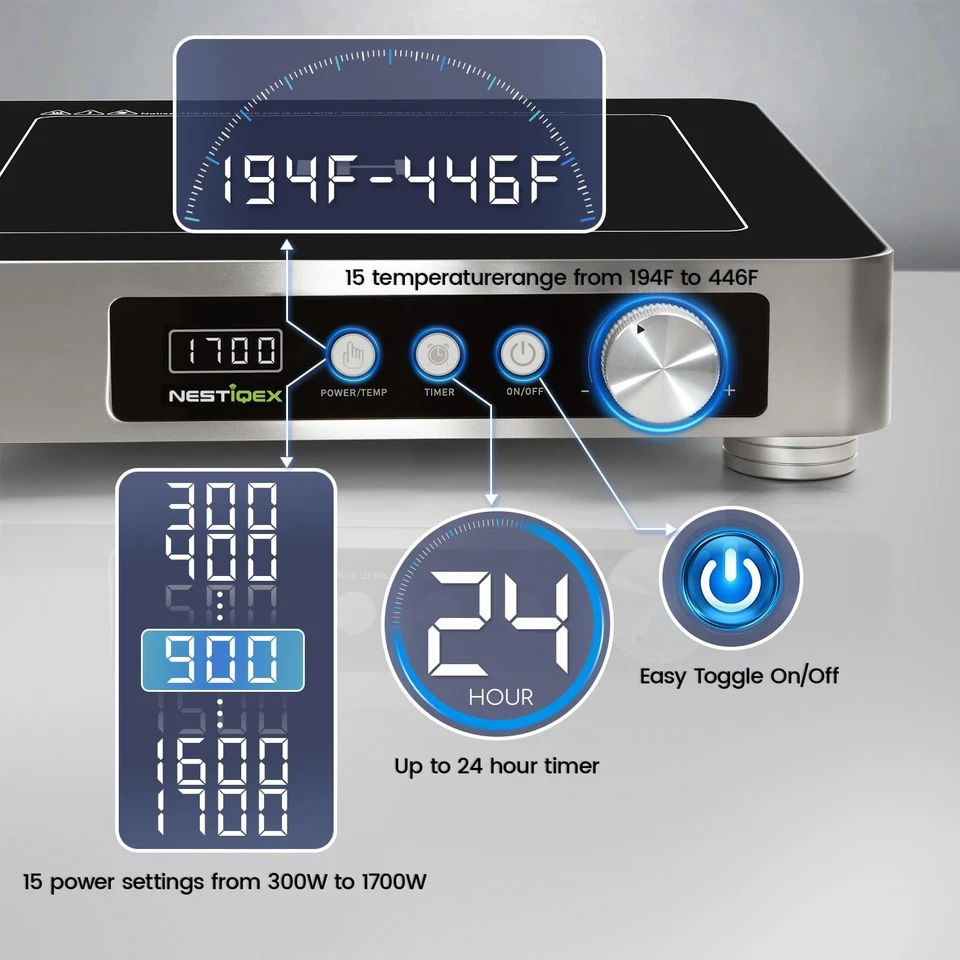 Nestiqex 1700W 120V Cocina de Inducción Comercial Grande Estufa Portátil Temporizador 24h Foto 4 de 4