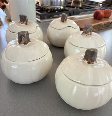 Set of 5 - B Eigen Harvest Pumpkin 3 Cup Ceramic Soup Bowl &Lid Made In USA Rare