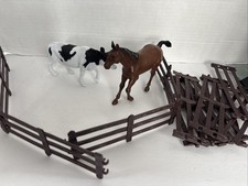 Large Brown Horse and Black & White Holstein Cow & 11 pieces of brown  fence