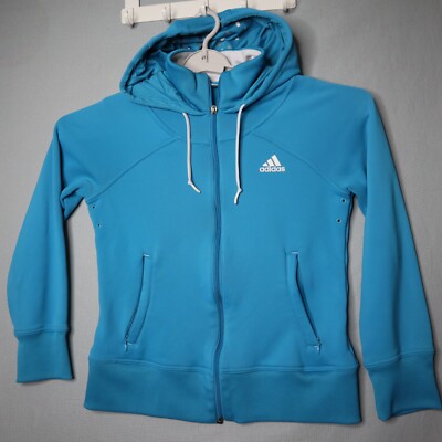Adidas Hoodie Womens XS Full Zip Blue 3 Stripe Gym Train Climalite Zip Pockets