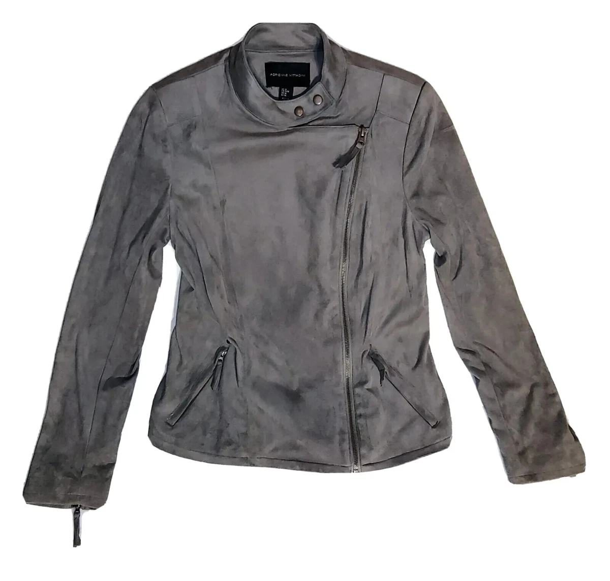 Women s Zip Pocket Gray Adrienne Vittadini Faux Suede Motorcycle Jacket Size M