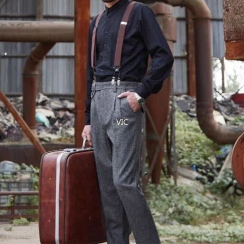 Retro Men's Tweed Herringbone Pants Woolen Casual Business Trousers Slim Fit UK - Picture 8 of 23