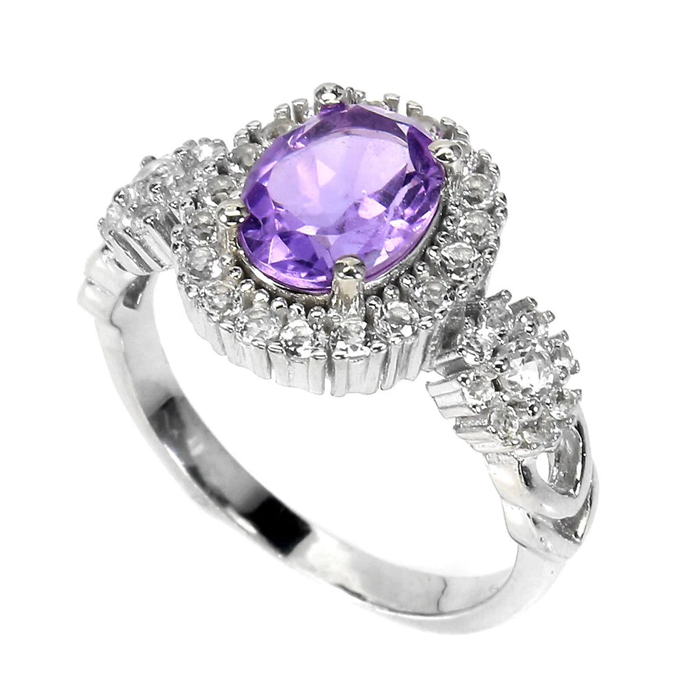 925 Anello Argento Sterling Ovale Ametista 8x6mm Topazio Gemma Gioielli Misura 6 - Immagine 2 di 4