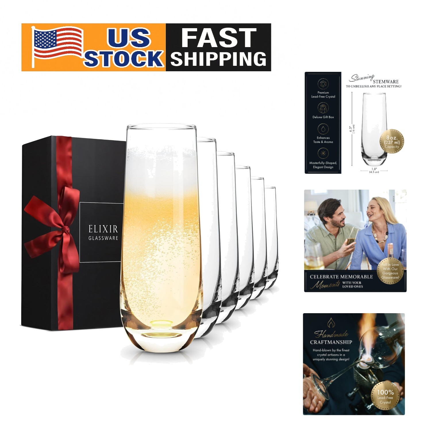 8 oz Stemless Crystal Flute Set - Perfect for Weddings & Celebrations