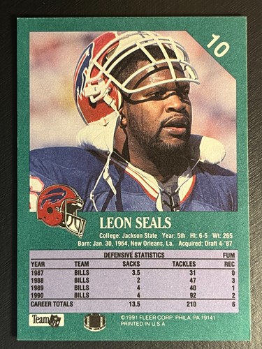 Leon Seals 1991 Fleer Football #10 Buffalo Bills NFL Trading Card - Picture 2 of 2