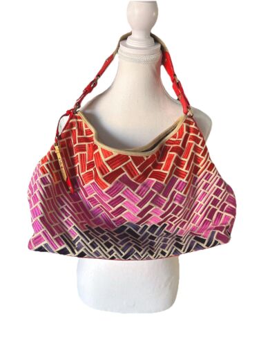 Cole Haan Women's Chevron Canvas Hand Bag Purse Colorful Geometric Red Pink