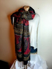 Womens Scarf Unbranded Paisley Red And Black tassled