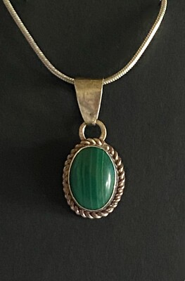 Artist Signed H  SS 925 & MALACHITE Healing Stone 18  Snake Chain Necklace