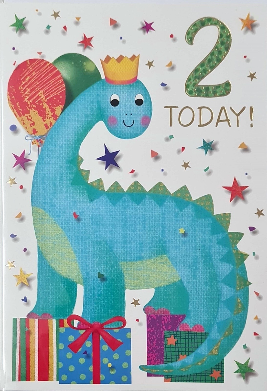 Happy 2nd Birthday Card 2 Today Cute Dinosaur Long Neck Balloons Gold Foil