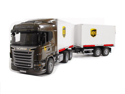 Bruder 03582 Scania 560R Container Wechselbrücke UPS + Mitnahmestapler +Anhänger