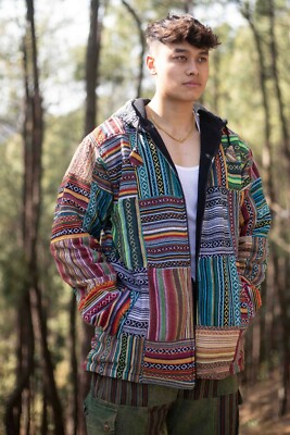 Azteken Patchwork Baumwollfleece Winterjacke, Unisex Hippie Jacke mit Hoodie