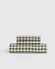 QUINCE European Linen Olive Green Gingham Fitted Sheet 2 Cases NWOT 3871 