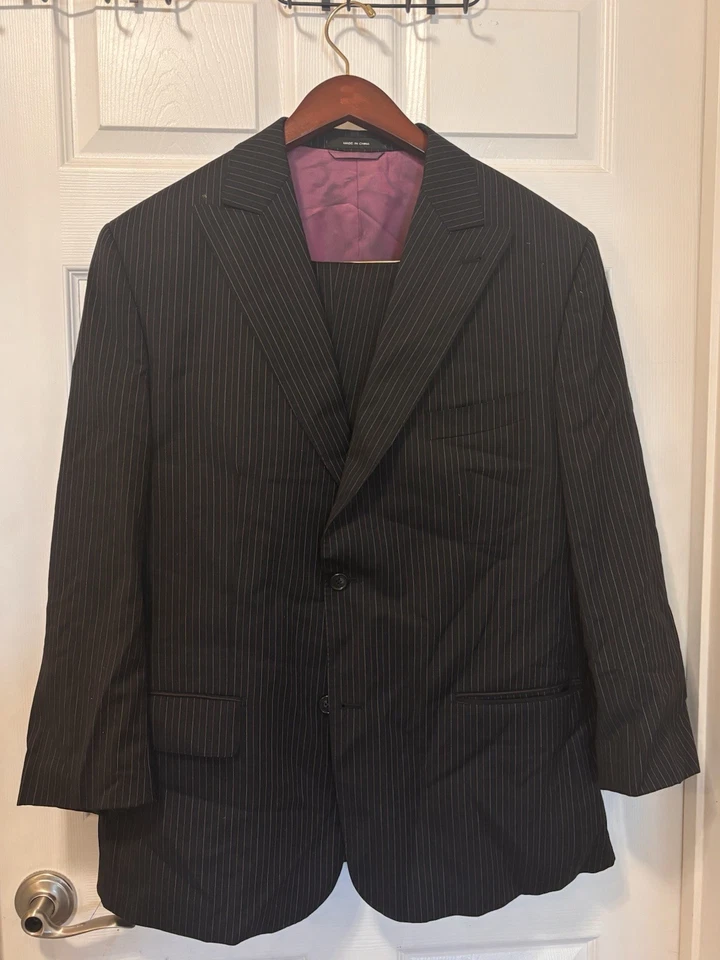 Traje Sean John Para Hombre 44L Negro Rayas Botón Pico Solapa 100% Lana Pantalón (Leer) Foto 2 de 4