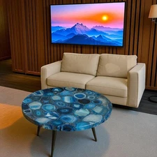 30" Blue Agate Round Table Top Garden Balcony Furniture For Cafeteria Desk Decor