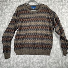 Vtg Towncraft Grandpa Sweater Mens L Brown Blue Red Diamond Knit Pullover 90s