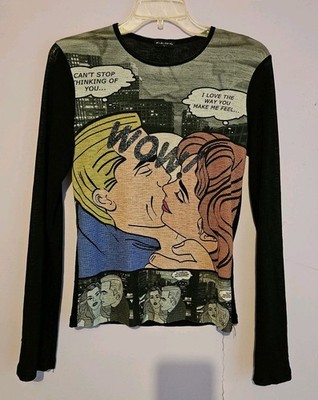 Vtg Y2K Women's Pop Art Long Sleeve Top Graphic Lichtenstein F.A.N.G. Mesh L USA