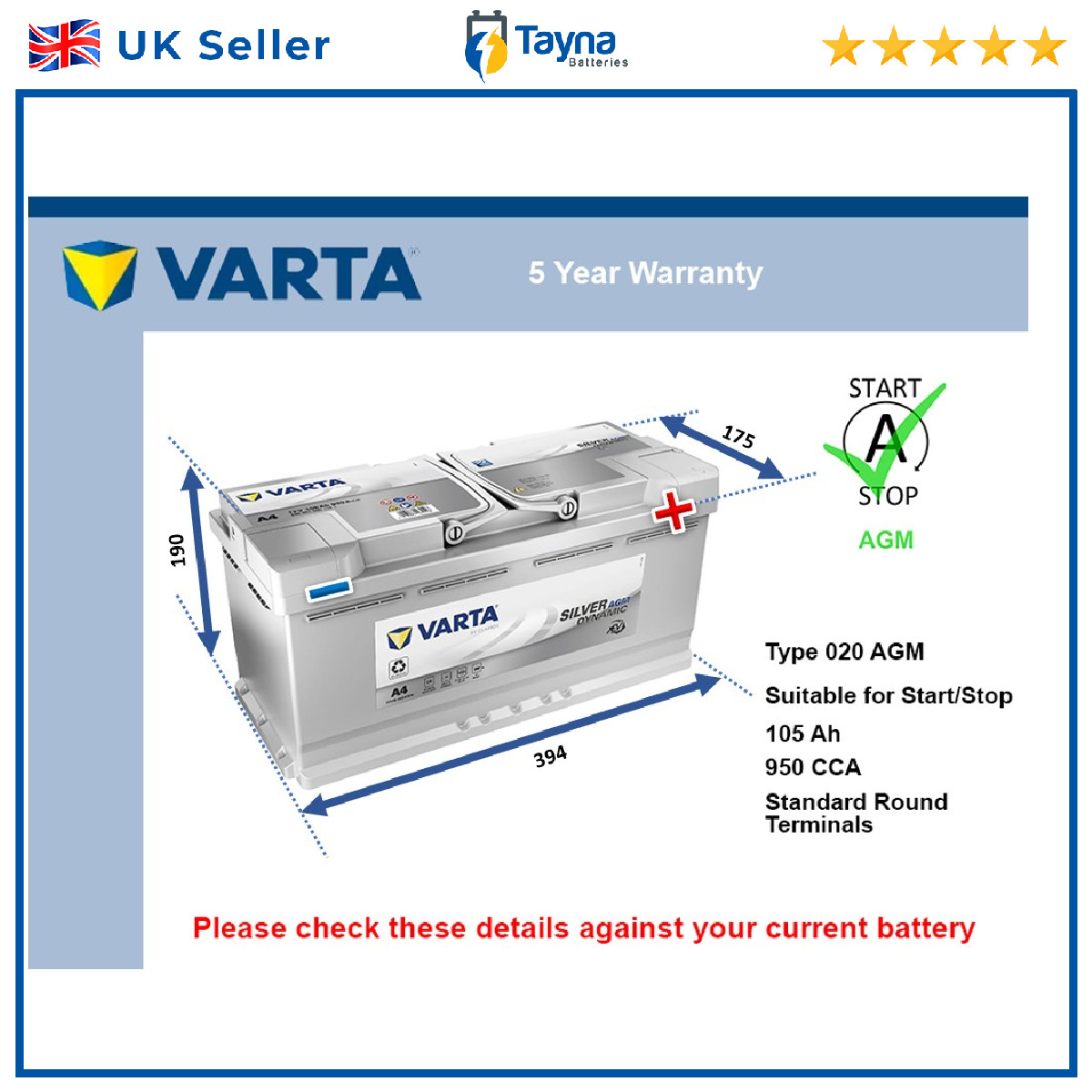 AGM Car Battery fits BMW X3 F25, G01 2.0 3.0 2.0D 3.0D 2010 on Stop Start Varta
