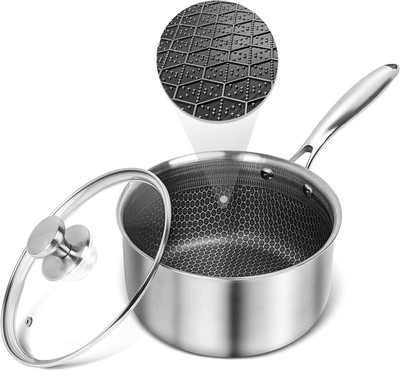   Hybrid Nonstick 2 Quart Stainless Steel Saucepan with Glass Lid, Induction Sau