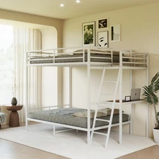 Modern Metal Bunk Bed Full Size White Bed Frame w/LED light and Charging Socket