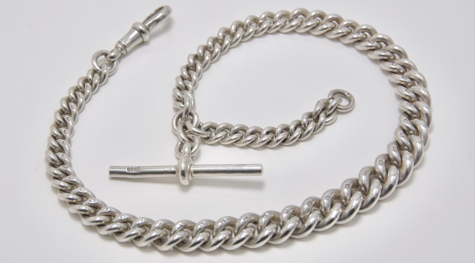 Silver Albert 53.8gms 12.75" Watch T-bar Chain With Pre-Loved Graduated Sterling - vintagewatches.pk