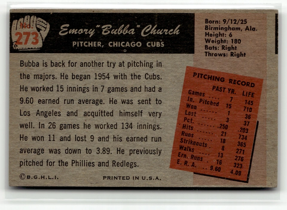 1955 Bowman #273 Bubba Church GD-VG - Image 2 of 2