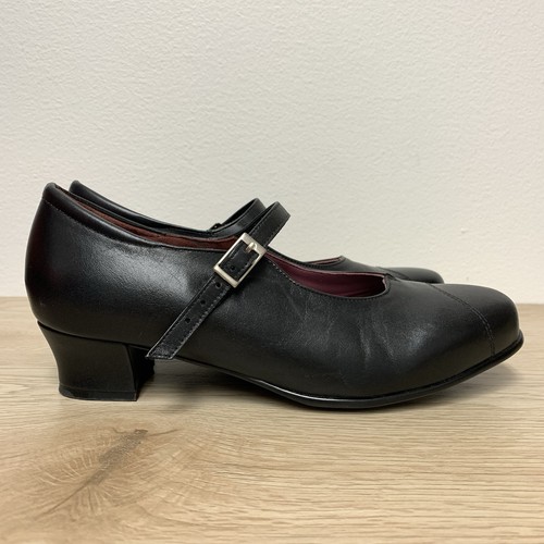 Kumfs Mary Jane Heels Size 39.5 W Wide Black Leather Comfort Low Block Heel - Picture 4 of 11