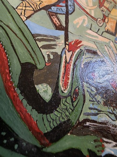 SAN GEORGE AGIOS GEORGIOS & IL DRAGO ARTE POPOLARE ICONA RELIGIOSA DIPINTO FIRMATO - Foto 5 di 7