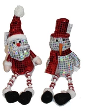 15" Santa & Snowman Dolls Shelf Sitters, Red Silver Shiny Sequin Christmas De...