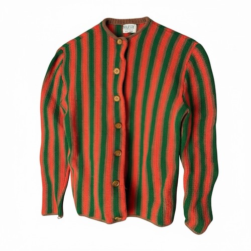 Vintage Majestic Women 100% Wool Striped Cardigan Sweater Boho Retro Cottagecore