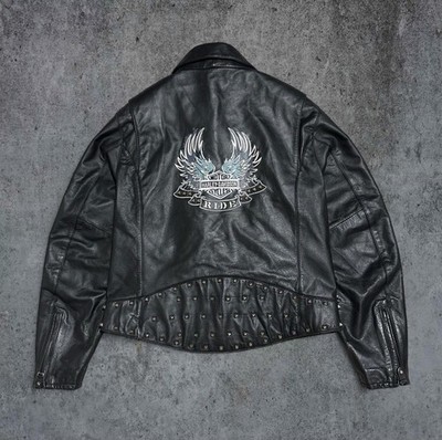 Women's Harley Davidson Leather Jacket. Medium Studded BLUE WINGS