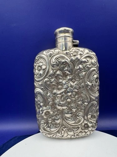 Antique Repousse Sterling Silver Liquor Flask Kirk Stieff Floral Bar Decor